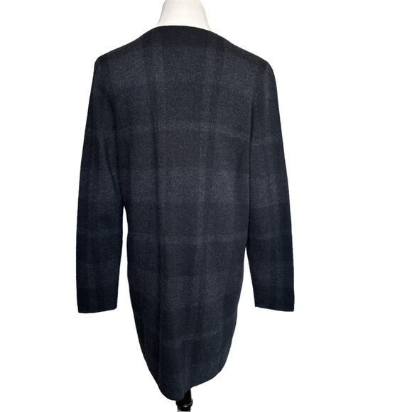Eileen Fisher Plaid Merino Wool Open Front Long Jacket Cardigan Grey Black Small - Picture 2 of 11